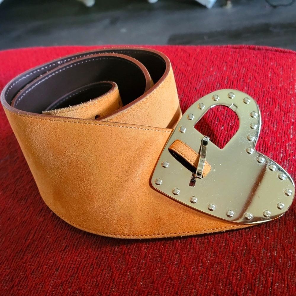 90s Escada Gold Suede Leather Wide Belt w/ HEART Buckle Sz M